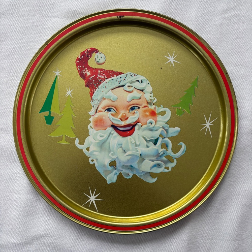 Vintage Mid‎ Century Santa Claus Gold Metal Round Christmas Serving Tray 11 inch